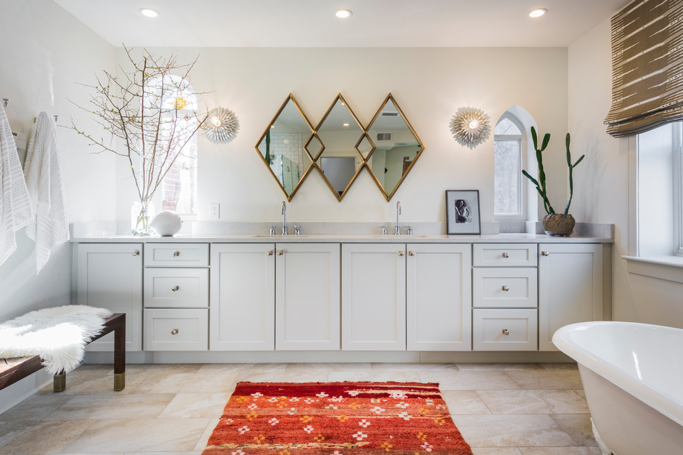 Transitional master beige floor freestanding bathtub photo in Philadelphia with recessed-panel cabinets, gray cabinets, beige walls and an undermount sink