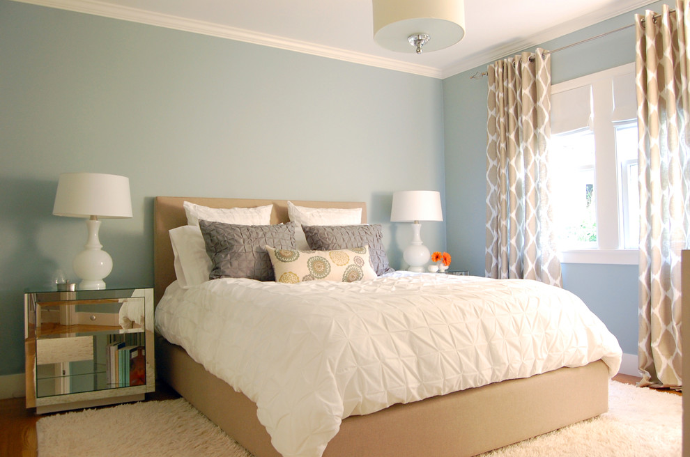 Inspiration for a mid-sized contemporary master bedroom in San Francisco with blue walls and medium hardwood floors.