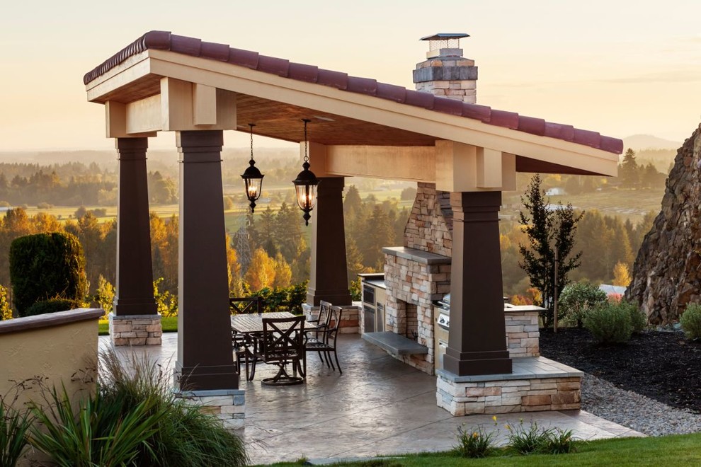 Mediterranean patio in Portland with a fire feature and a gazebo/cabana.