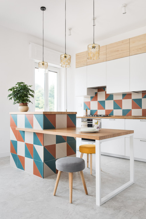 Multicolored Tiles in White Cabinets with Gray Floor - Stylish Kitchen Backsplash Ideas