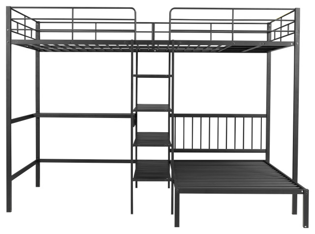 Gewnee Full Over Twin Metal Bunk Bed with Desk and Shelves in Black ...