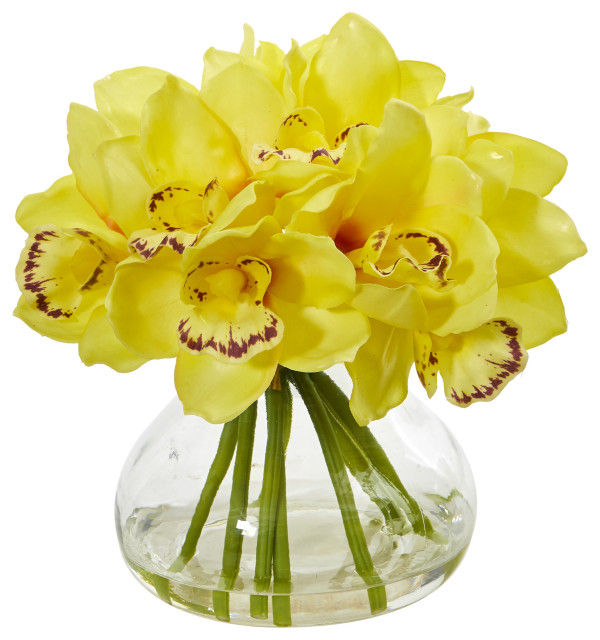 Nearly Natural Cymbidium Orchid Artificial Arrangement in Glass Vase Yellow