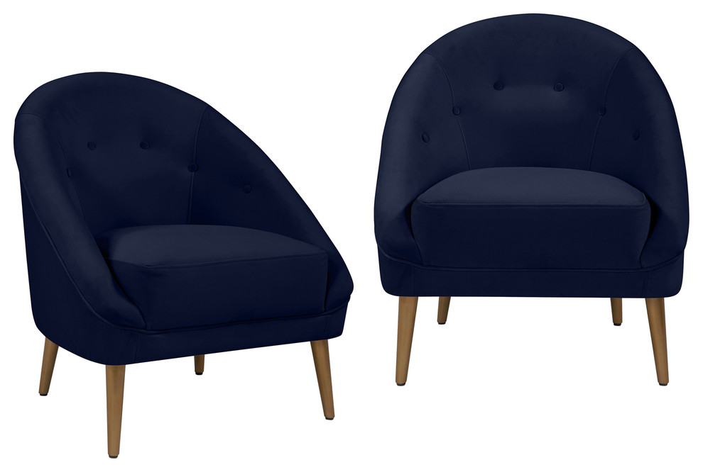 Lina Upholstered Modern Barrel Chair, Navy Blue Velvet, Set of 2