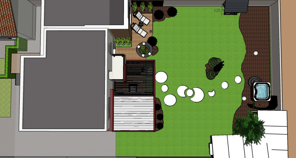 Foto di una privacy sulla terrazza contemporanea dietro casa e a piano terra con una pergola e parapetto in materiali misti