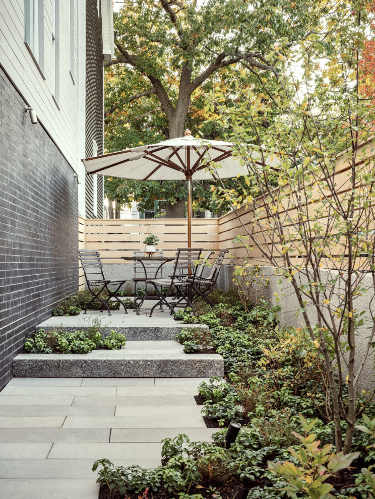 Trendy backyard concrete paver patio photo in Portland Maine with no cover