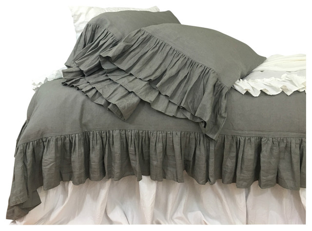 Dark Grey Linen Duvet Cover With Mermaid Ruffles Traditional