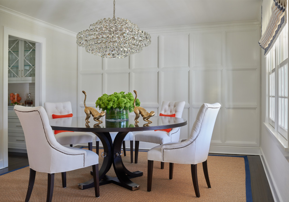 This is an example of a transitional dining room in Other with white walls, dark hardwood floors, brown floor and panelled walls.