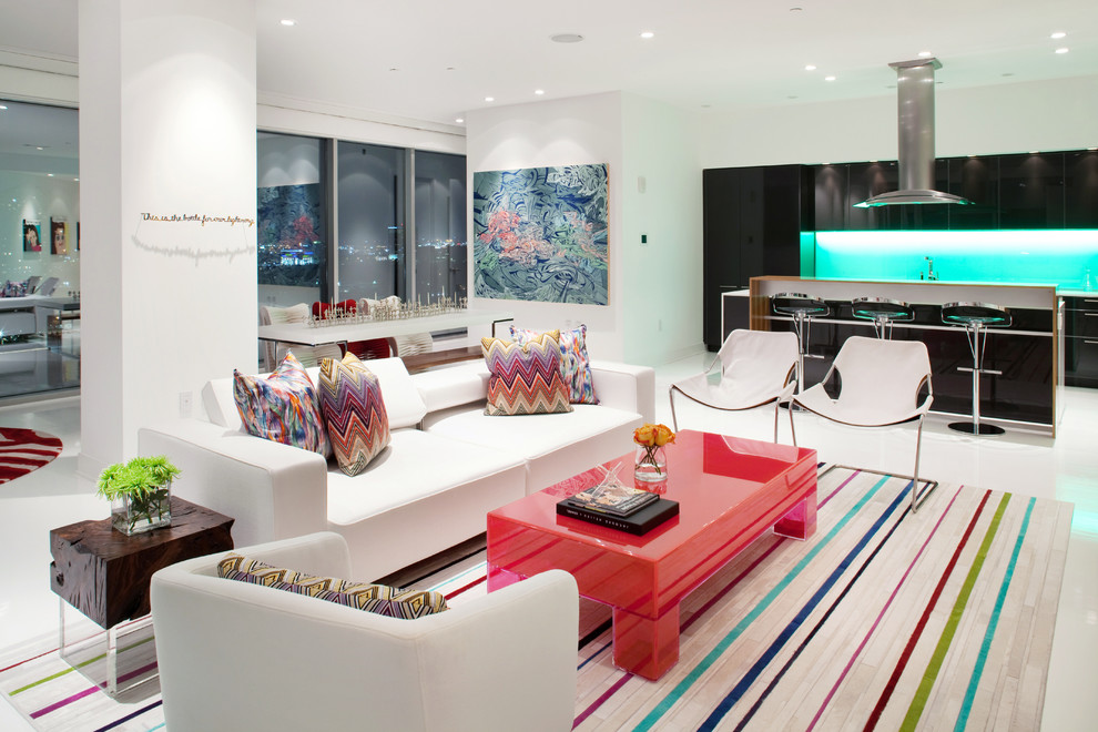 Design ideas for a large contemporary open concept living room in New York with white walls.