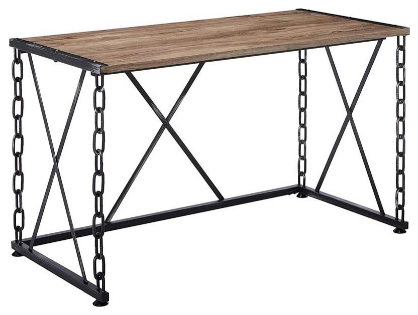 Wooden Top Desk With Metal Legs, Rustic Oak and Antique Black