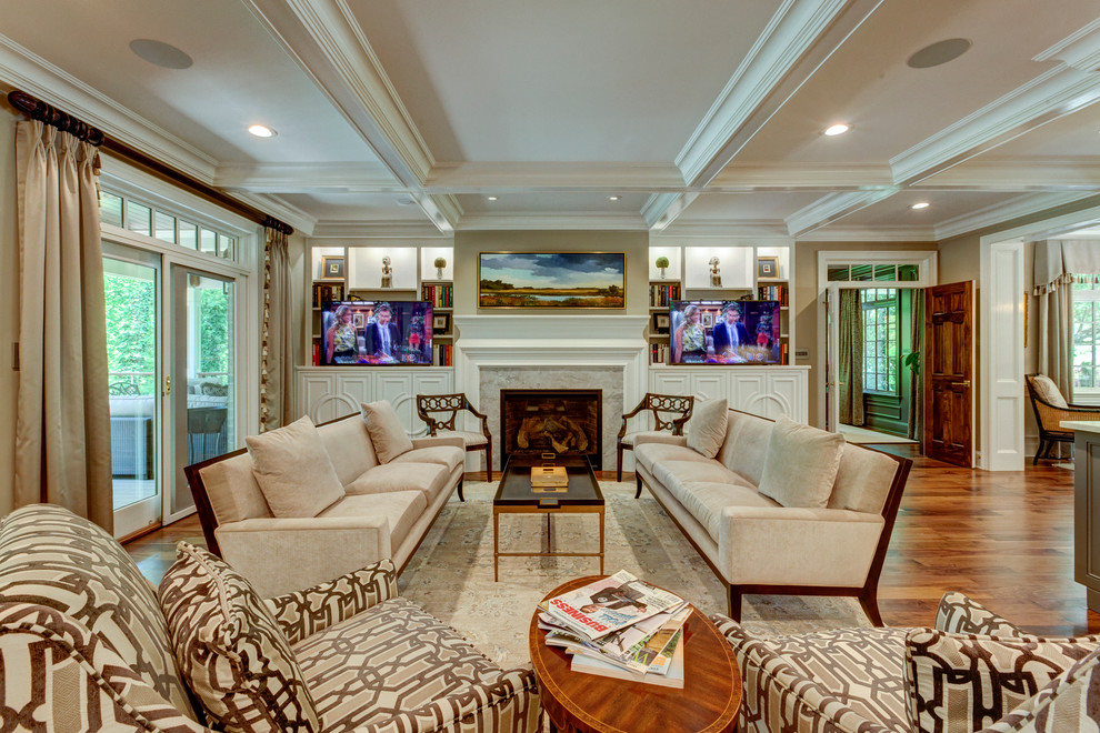 Design ideas for an expansive traditional formal open concept living room in Raleigh with grey walls, dark hardwood floors, a standard fireplace, a stone fireplace surround and a concealed tv.