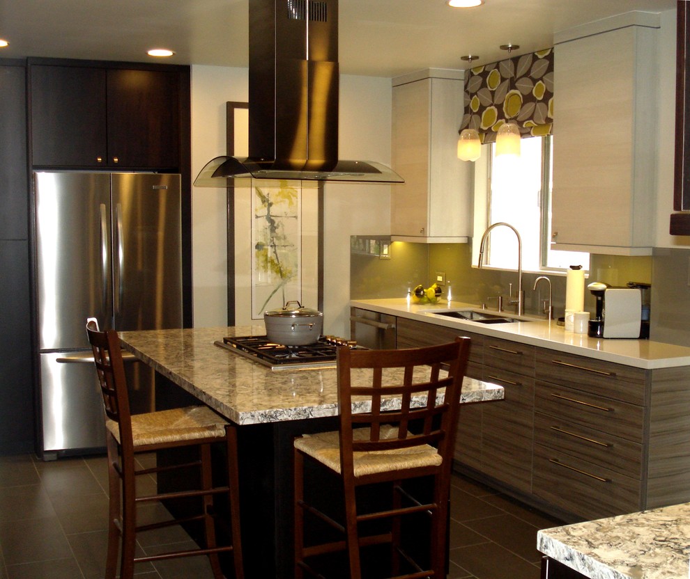 Mid-sized contemporary galley separate kitchen in Los Angeles with flat-panel cabinets, grey cabinets, stainless steel appliances and with island.