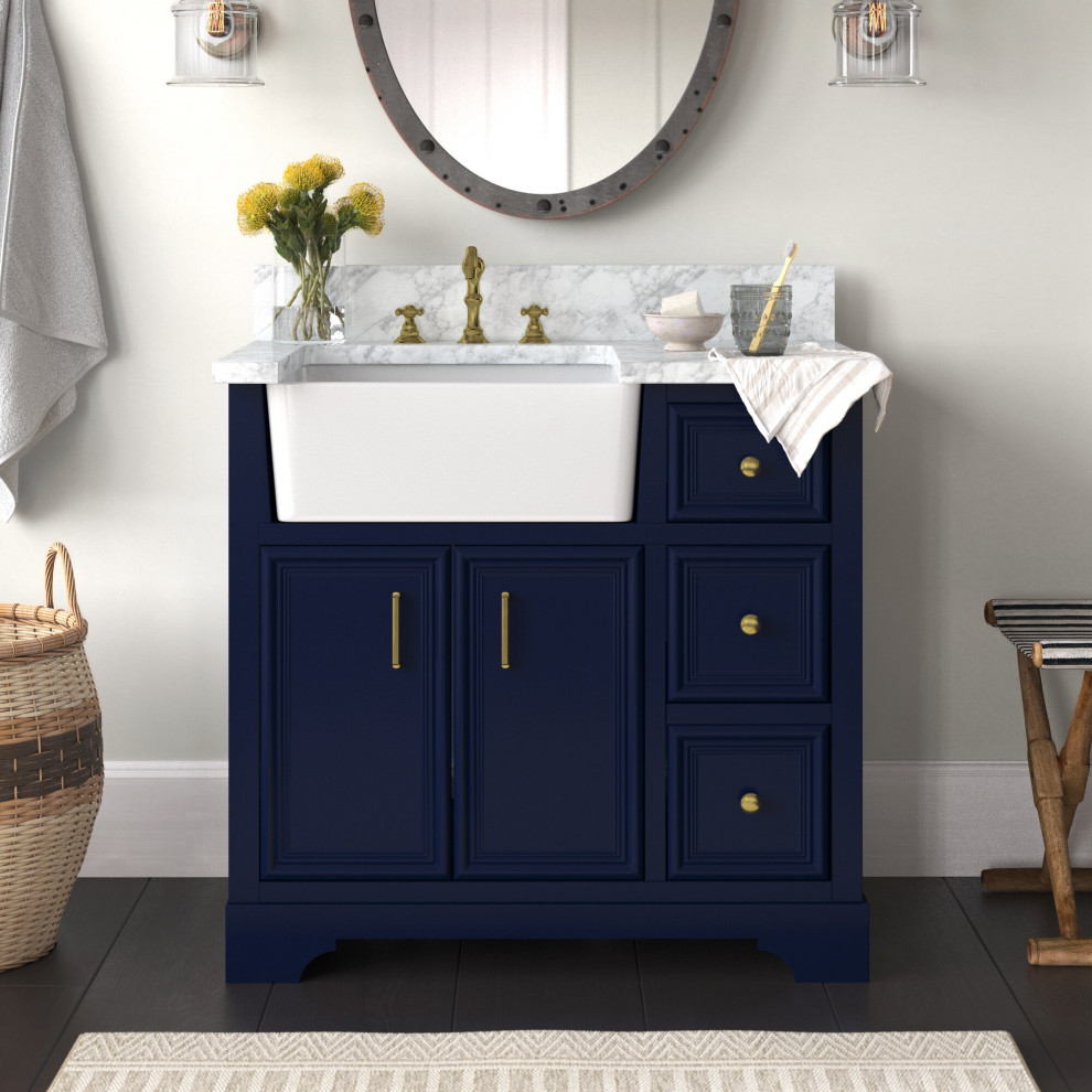 This is an example of a rural bathroom in Los Angeles with blue cabinets, a single sink and a freestanding vanity unit.