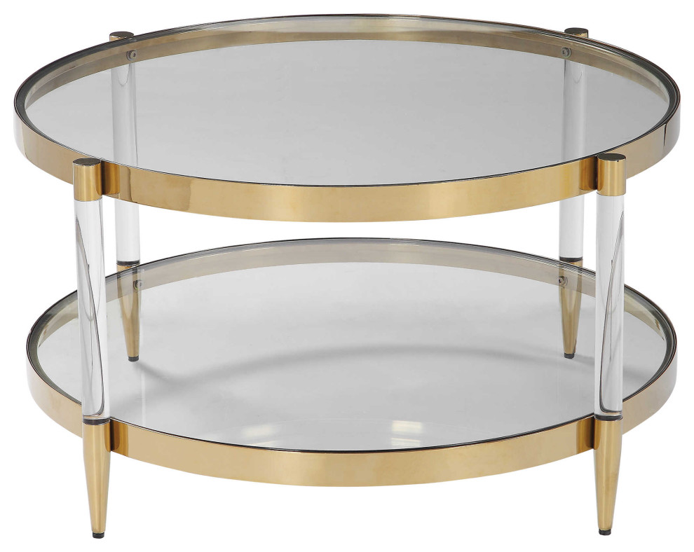 Glam Modern Clear Rods Coffee Table Round Acrylic Gold Glass Mid Century Ring
