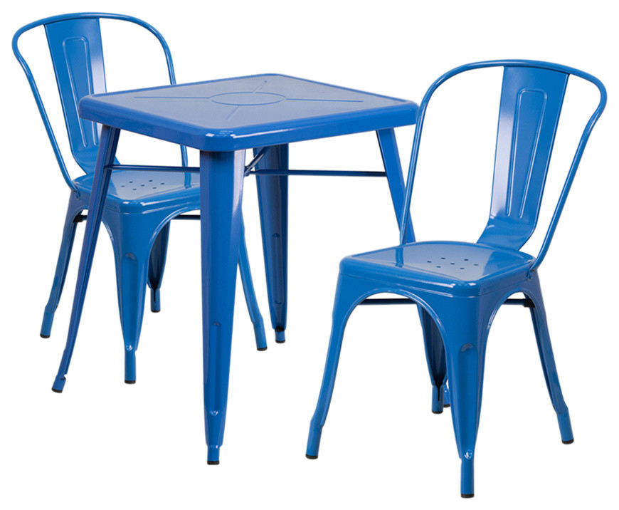 Commercial Grade 23.75" Blue Metal Indoor-Outdoor Table Set With 2 Stack Chairs