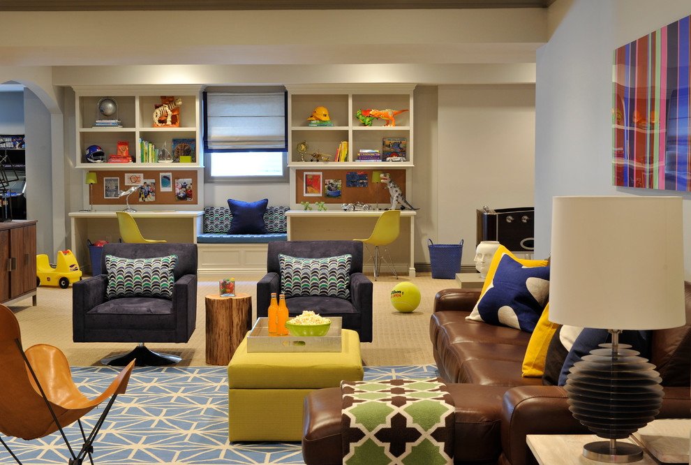 Classic Contemporary Play Room - A classic, elegant master suite for the husband and wife, and a fun, sophisticated entertainment space for their family -- it was a dream project!

To turn the master suite into a luxury retreat for two young executives, we mixed rich textures with a playful, yet regal color palette of purples, grays, yellows and ivories. 

For fun family gatherings, where both children and adults are encouraged to play, I envisioned a handsome billiard room and bar, inspired by the husband’s favorite pub.