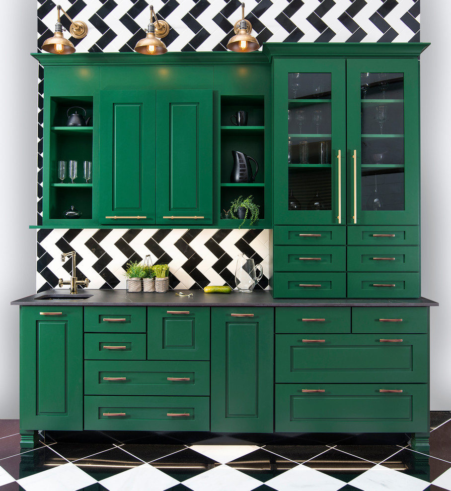 Inspiration for a mid-sized transitional single-wall wet bar in Other with an undermount sink, raised-panel cabinets, green cabinets, solid surface benchtops, multi-coloured splashback, glass tile splashback, vinyl floors and multi-coloured floor.