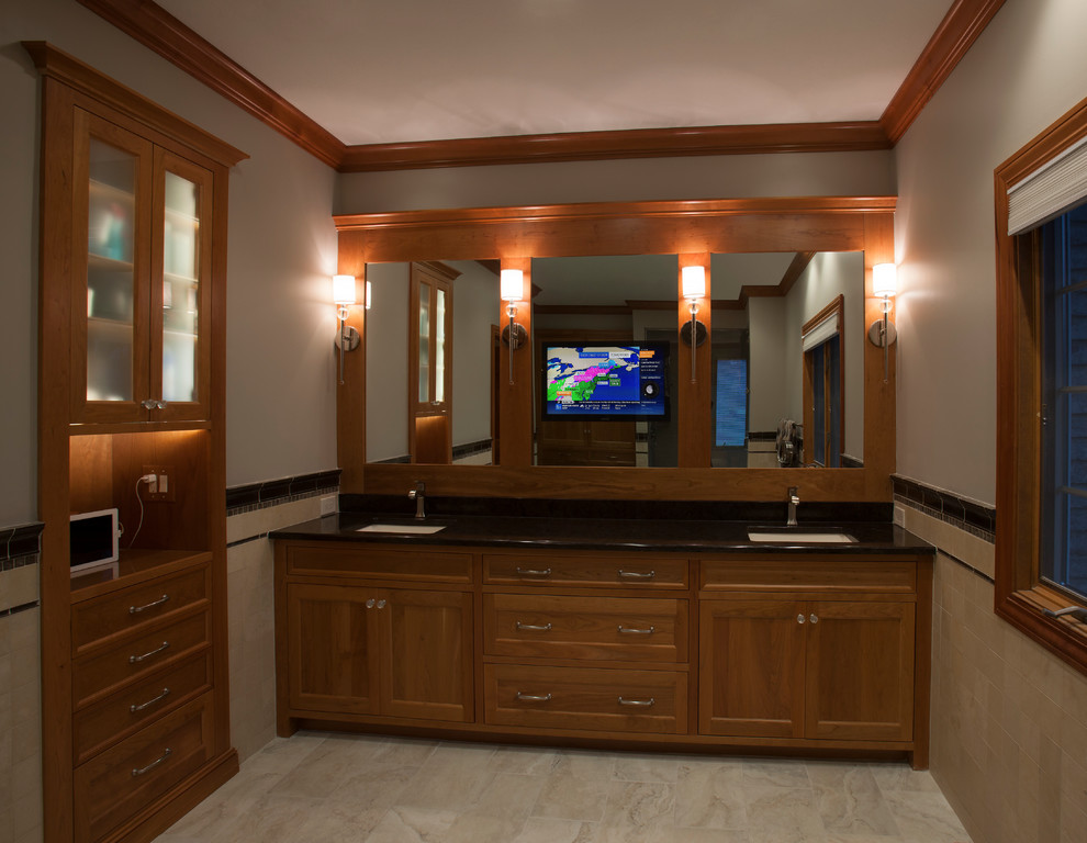 Example of a large transitional master beige tile and stone tile double shower design in Cleveland with shaker cabinets, light wood cabinets and quartz countertops