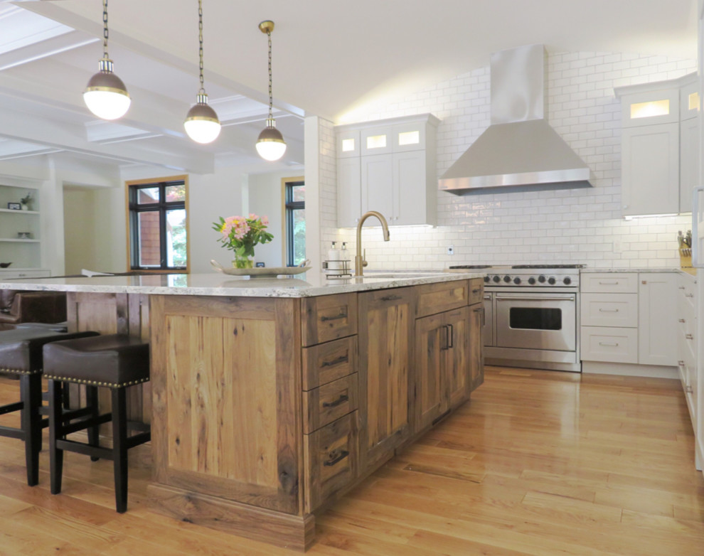 Transitional kitchen photo with beaded inset cabinets and medium tone wood cabinets