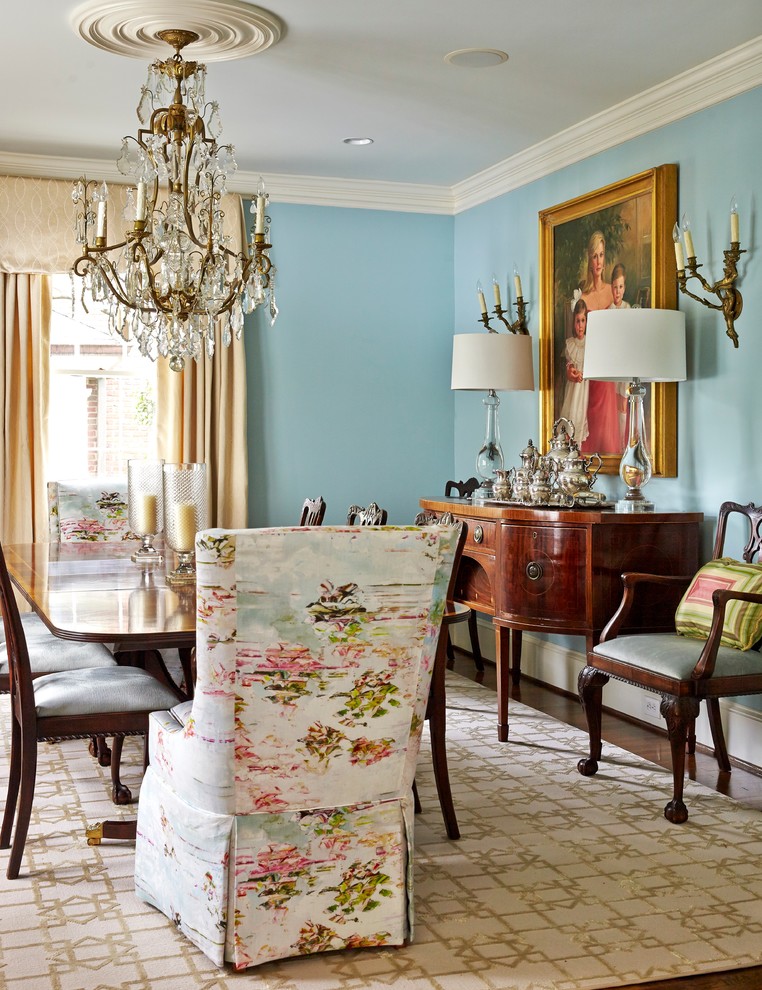 Inspiration for a mid-sized traditional separate dining room in Charlotte with blue walls and dark hardwood floors.
