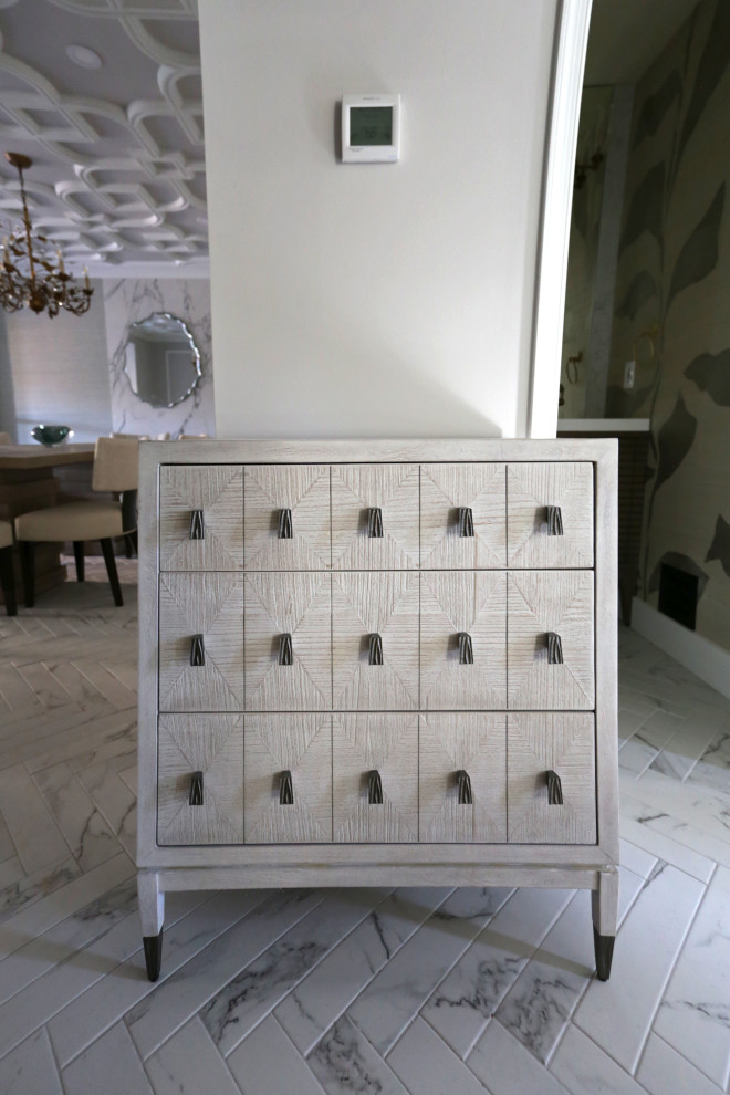 Inspiration for a mid-sized transitional l-shaped marble floor, white floor and exposed beam kitchen remodel in DC Metro with an undermount sink, shaker cabinets, white cabinets, quartzite countertops, white backsplash, quartz backsplash and stainless steel appliances