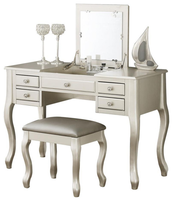 Poundex Wooden Makeup Vanity Set Desk, Mirror And Stool - Silver, 43 W X...