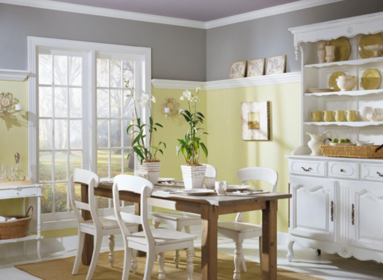 Design ideas for a country dining room in Philadelphia with multi-coloured walls, linoleum floors and white floor.