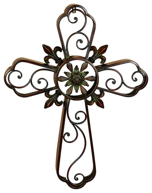 Large Brown Metal Cross Wall Decor With Floral Accents