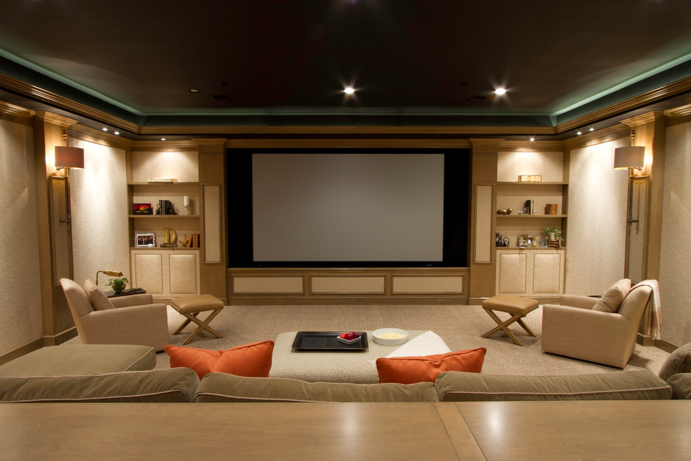 Traditional home theatre in DC Metro with a projector screen and beige floor.