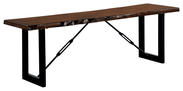 Rectangular Metal Frame Bench With Wooden Seat, Black And Brown
