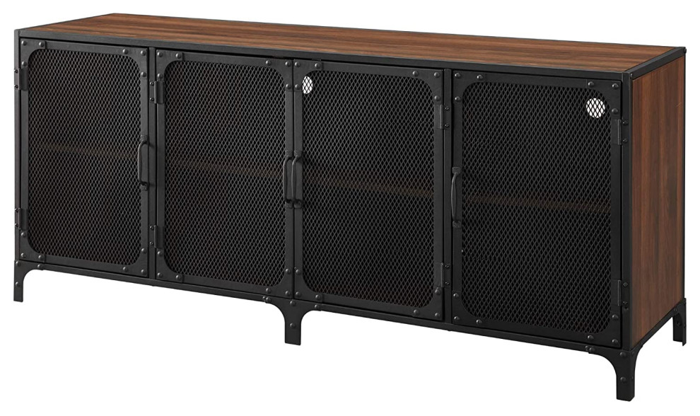 Industrial Entertainment Center, Metal Mesh Doors, Dark Walnut Finish