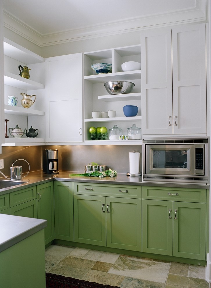 Design ideas for a transitional u-shaped kitchen in Nashville with an integrated sink, shaker cabinets, green cabinets, stainless steel benchtops, metallic splashback, stainless steel appliances and no island.