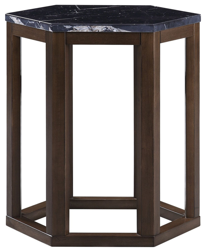 Elegant End Table, Octagonal Deep Brown Pine Wood Frame With Black
