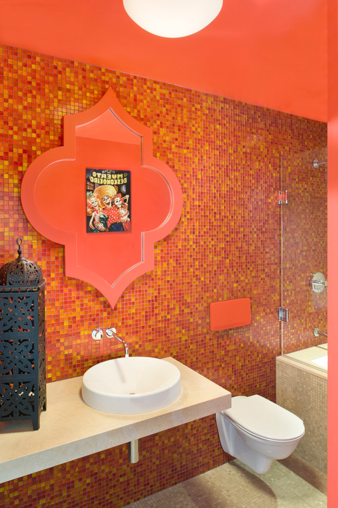 Inspiration for a mid-sized contemporary powder room in San Francisco with a vessel sink, red tile, multi-coloured tile, orange tile, mosaic tile and red walls.
