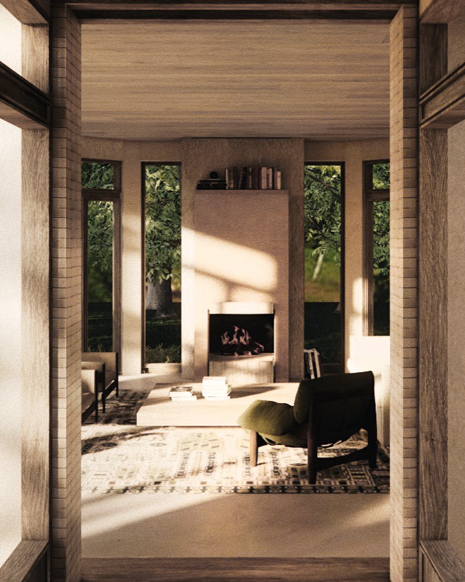 Idées déco pour une salle de séjour craftsman de taille moyenne et ouverte avec un mur beige, sol en béton ciré, un manteau de cheminée en plâtre, un sol gris et un plafond en bois.