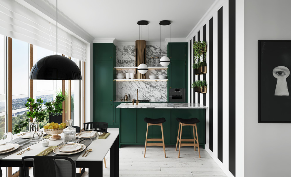 Photo of a mid-sized scandinavian galley eat-in kitchen in Saint Petersburg with an undermount sink, marble benchtops, green splashback, timber splashback, stainless steel appliances and with island.