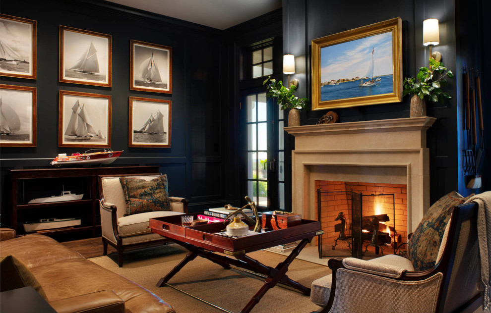 ボルチモアにあるラグジュアリーな広いトラディショナルスタイルのおしゃれな書斎 (青い壁、無垢フローリング、標準型暖炉、コンクリートの暖炉まわり、茶色い床、折り上げ天井、パネル壁) の写真