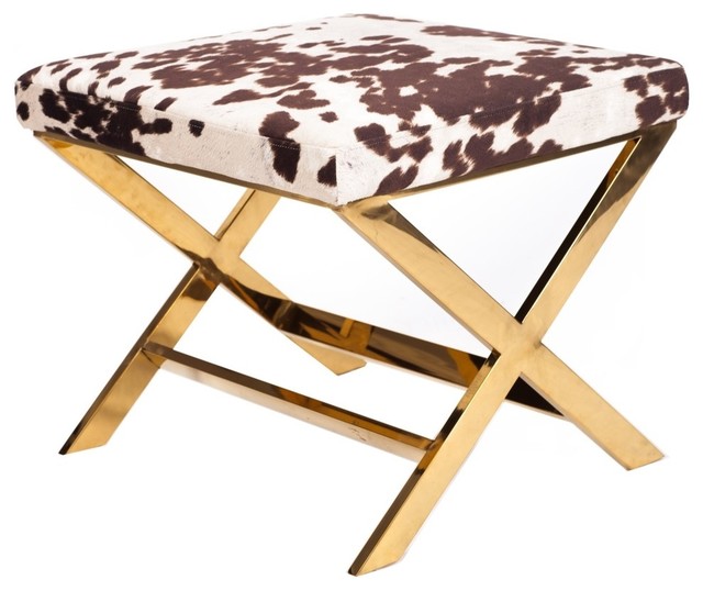 Diddle Velvet Faux Cow hide Xleg Ottoman, Udder Madness Milk