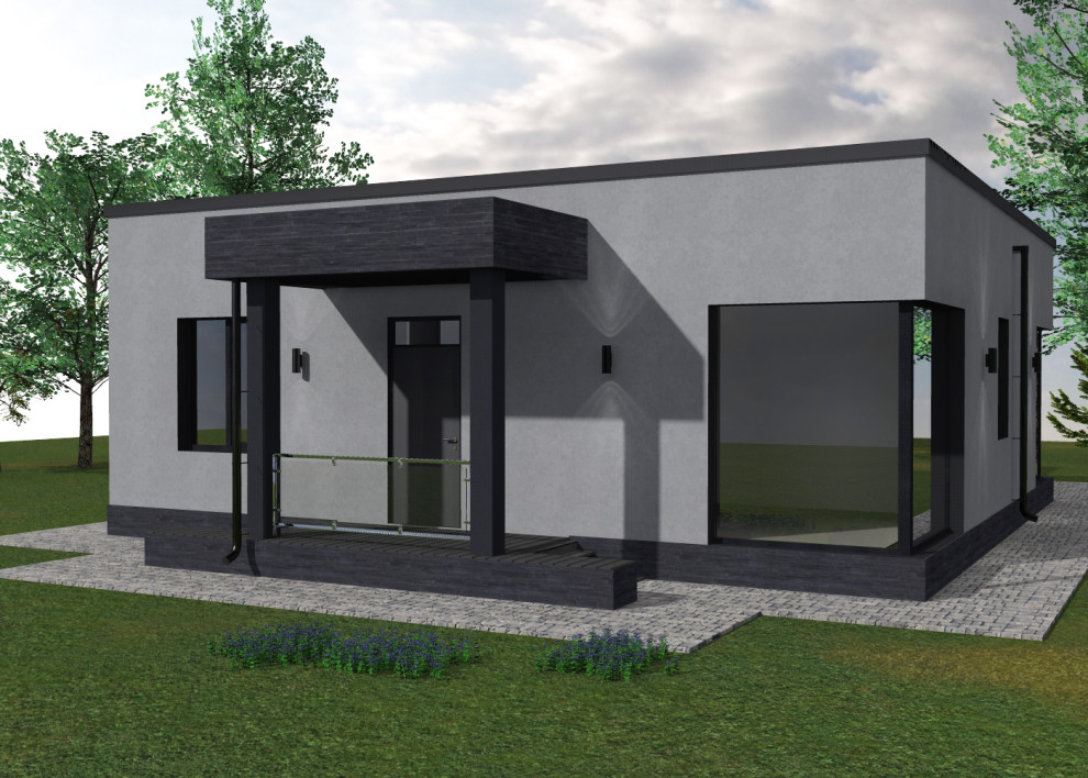 Idées déco pour une façade de maison grise contemporaine de taille moyenne et de plain-pied avec un revêtement mixte, un toit plat et un toit noir.