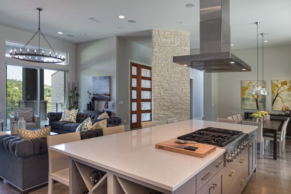 Design ideas for a contemporary l-shaped kitchen in Austin with shaker cabinets, grey cabinets, quartz benchtops and stainless steel appliances.