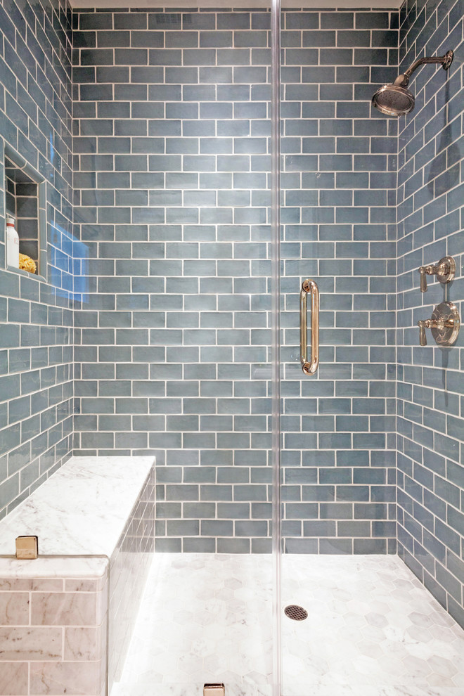 Photo of a mid-sized contemporary 3/4 bathroom in Los Angeles with blue tile, an alcove shower, a one-piece toilet, subway tile, grey walls, marble floors, a pedestal sink, grey floor and a hinged shower door.