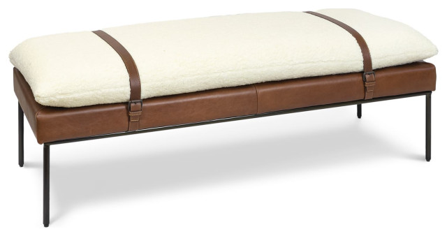 Aspen Leather and Boucle Faux Wool Bench