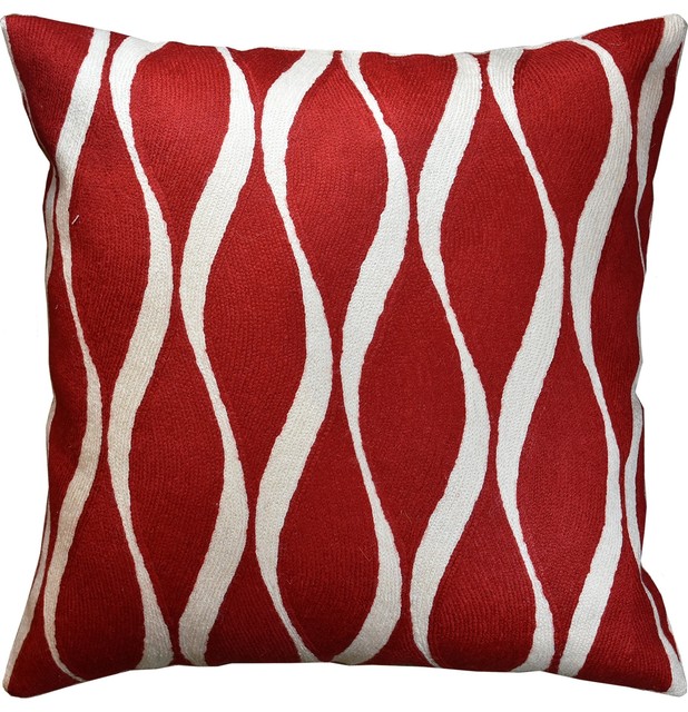 Contemporary Waves Bright Red Accent Pillow Cover Handembroidered