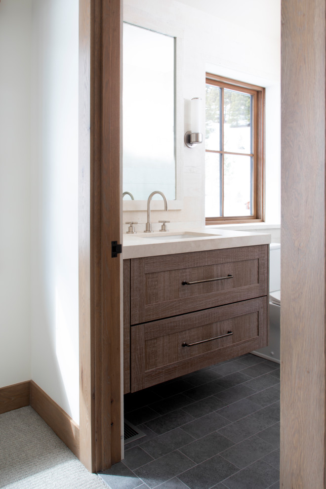 Inspiration for a mid-sized rustic single-sink bathroom remodel with shaker cabinets and a floating vanity
