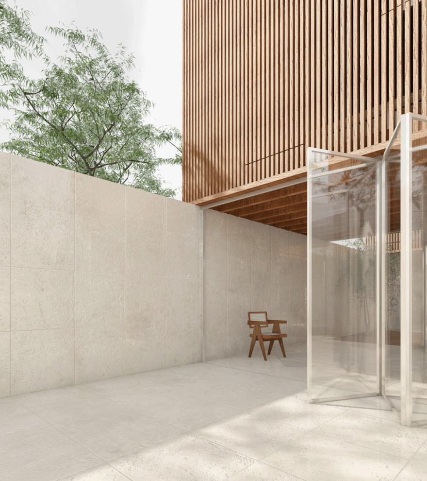 Idee per la facciata di una casa a schiera piccola contemporanea a tre piani con rivestimento in legno, tetto piano e pannelli sovrapposti