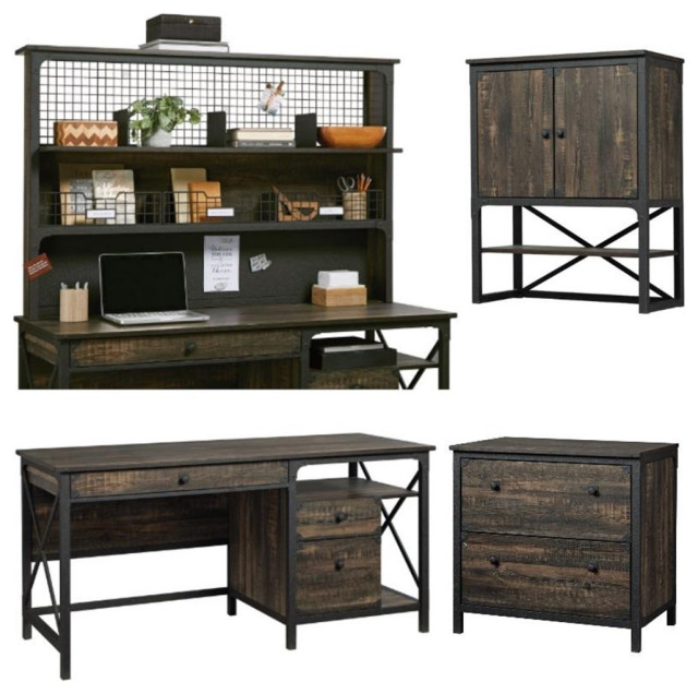 Home Square 4Piece Set with Computer Desk Lateral File & 2 Hutches