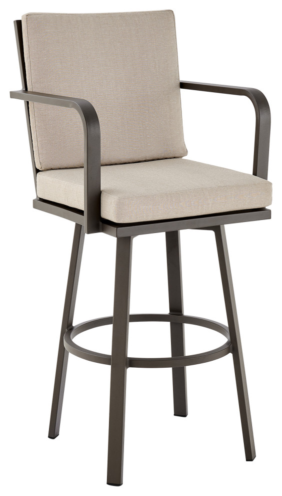 Don 30" Outdoor Patio Bar Stool, Black Aluminum With Gray Cushions