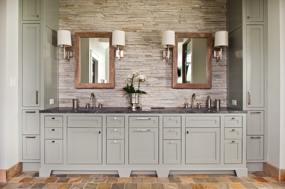 Example of a transitional beige tile and stone tile bathroom design in Richmond with shaker cabinets, gray cabinets and soapstone countertops