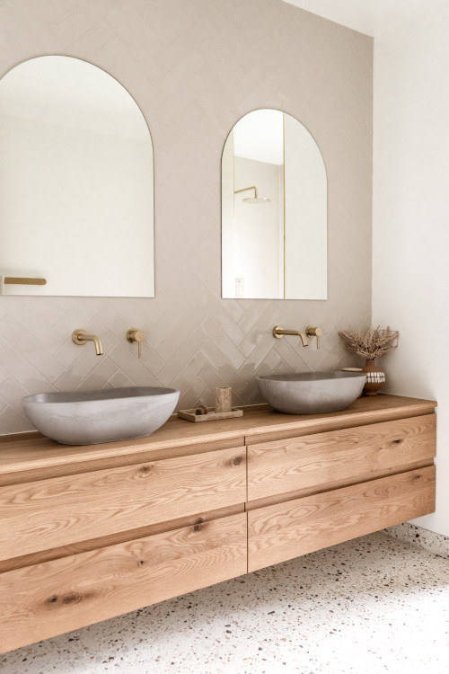 Vessel Sink Vanity with Herringbone Tile Backsplash and Natural Wood Vanity