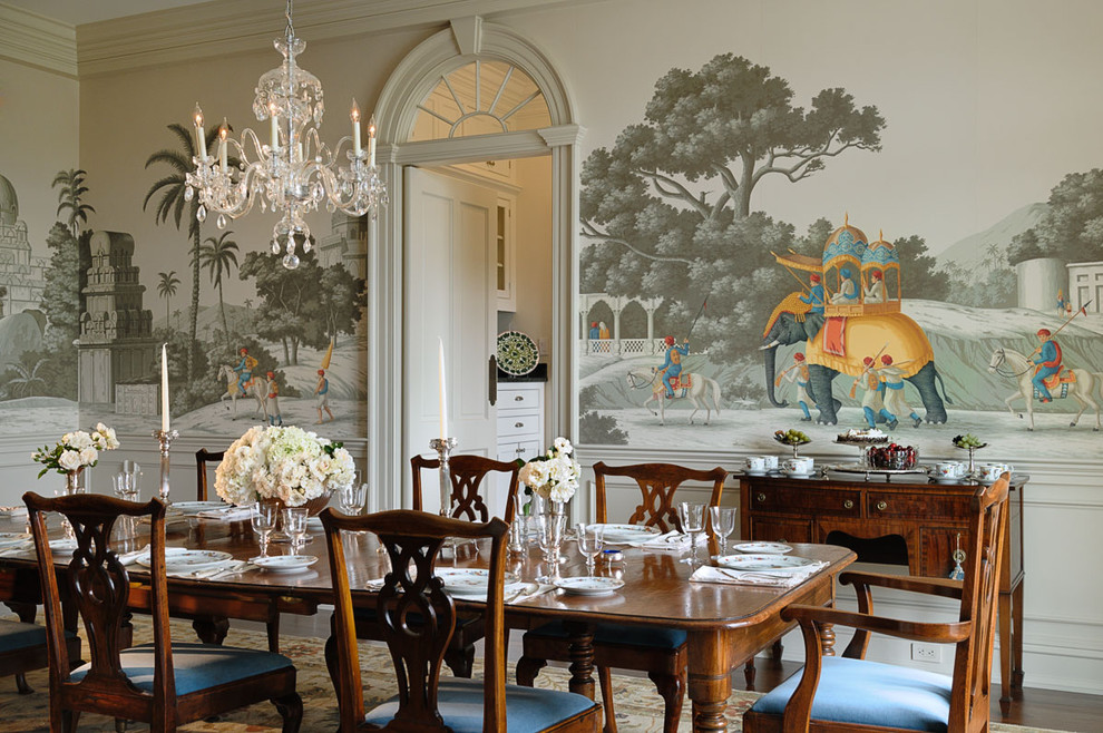 Design ideas for a traditional separate dining room in New York with multi-coloured walls.