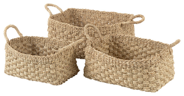 Emra Light Brown Seagrass Rectangular Baskets With Handles, 3-Piece Set